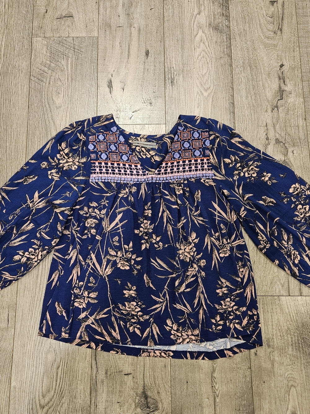 Anthropologie Navy Floral Peasant Blouse with Multi Color Embroidery